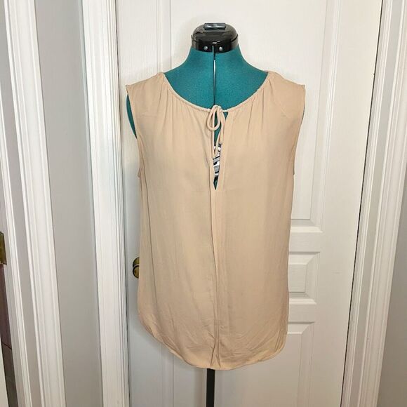 Theory Alamay Silk Sheer Unlined Sleeveless Gathered Tie Neck Keyhole Blouse - Picture 1 of 12